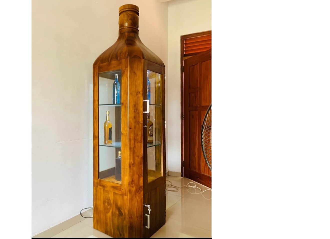 Bottle shape cabinet  Teakwood  Rustic & NC 15 years warranty  9mm glass 65 Bottles stock capacity