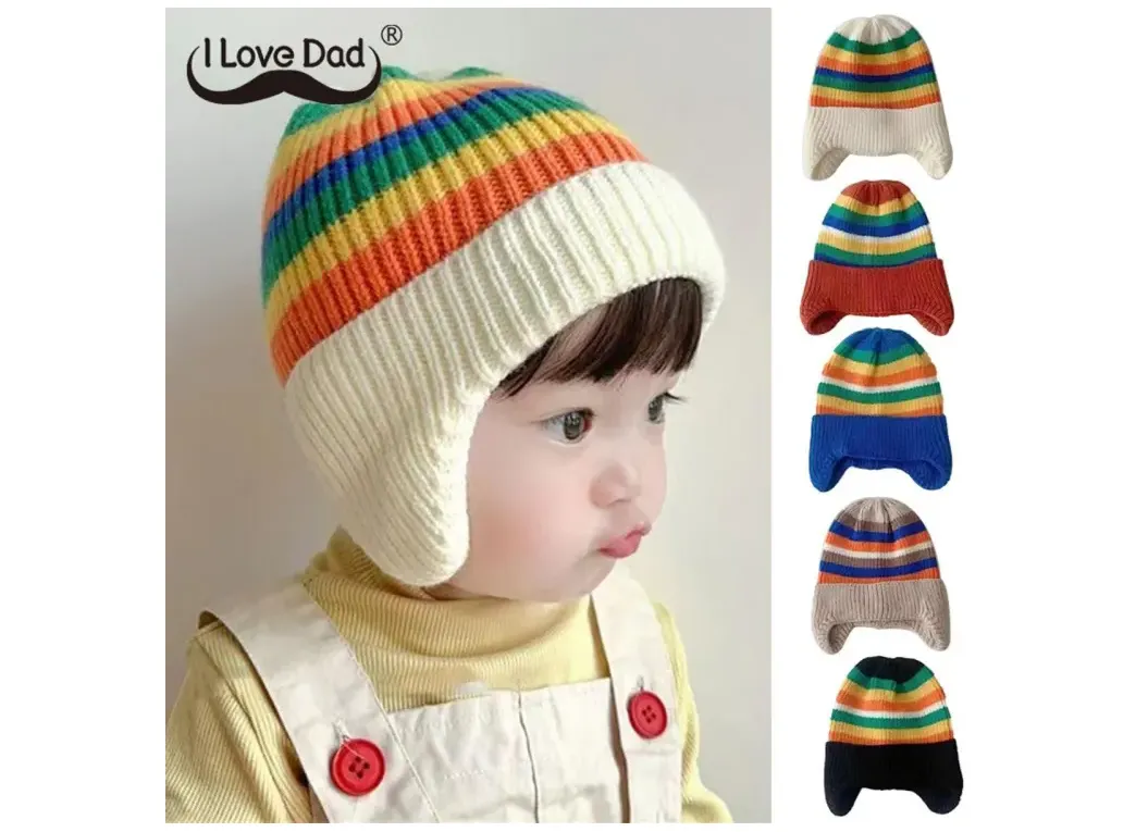 I Love Dad Autumn Winter Warm Knit Baby Hat Korean Fashion Striped Rainbow Boys Girls Beanie Cap Ear Protection Elastic Kids Infant Bonnet