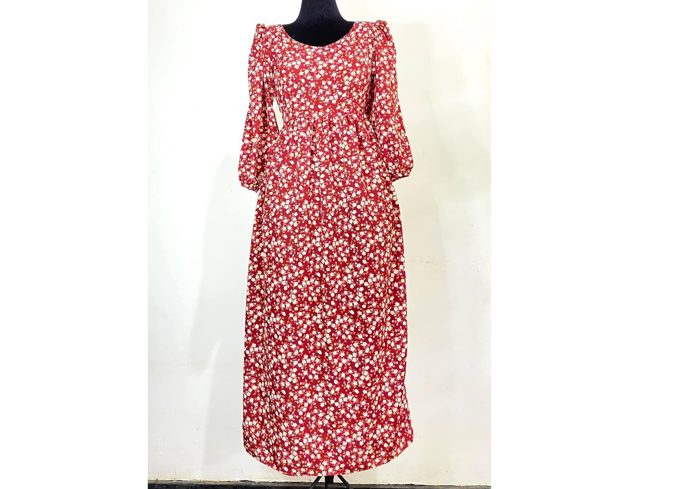 Women red floral long sleeve maxi dress