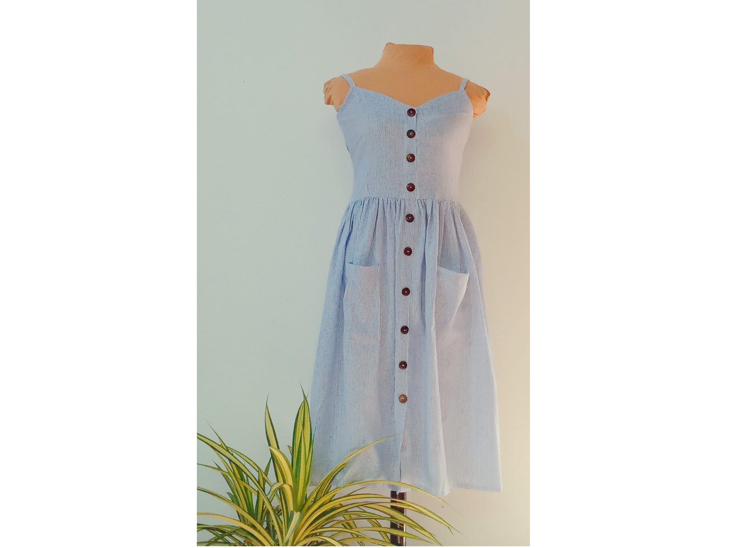 Women light blue stripe spaghetti strap midi dress