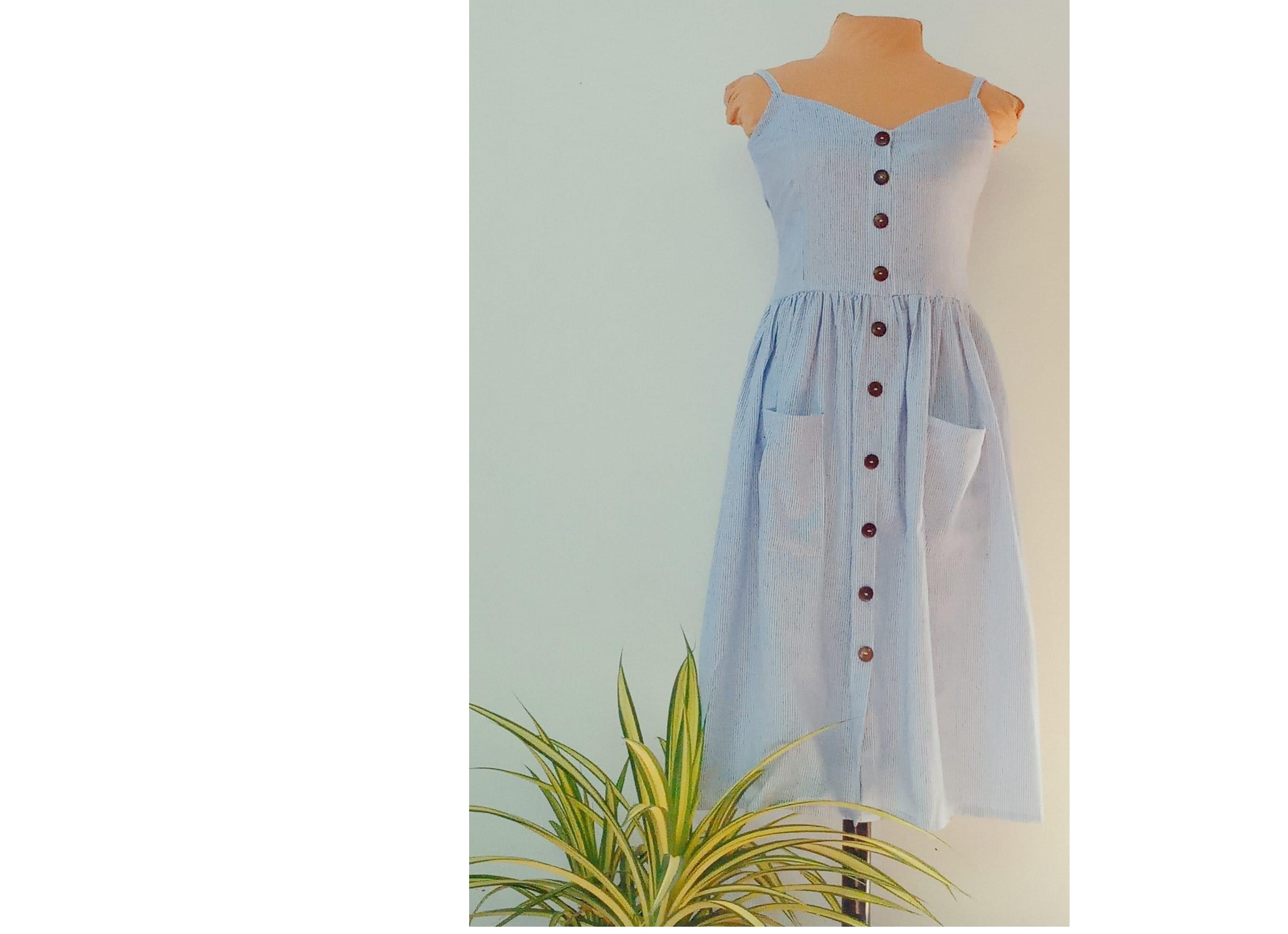 Women light blue stripe spaghetti strap midi dress