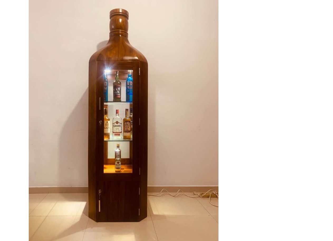 Bottle shape cabinet  Teakwood  Rustic & NC 15 years warranty  9mm glass 65 Bottles stock capacity