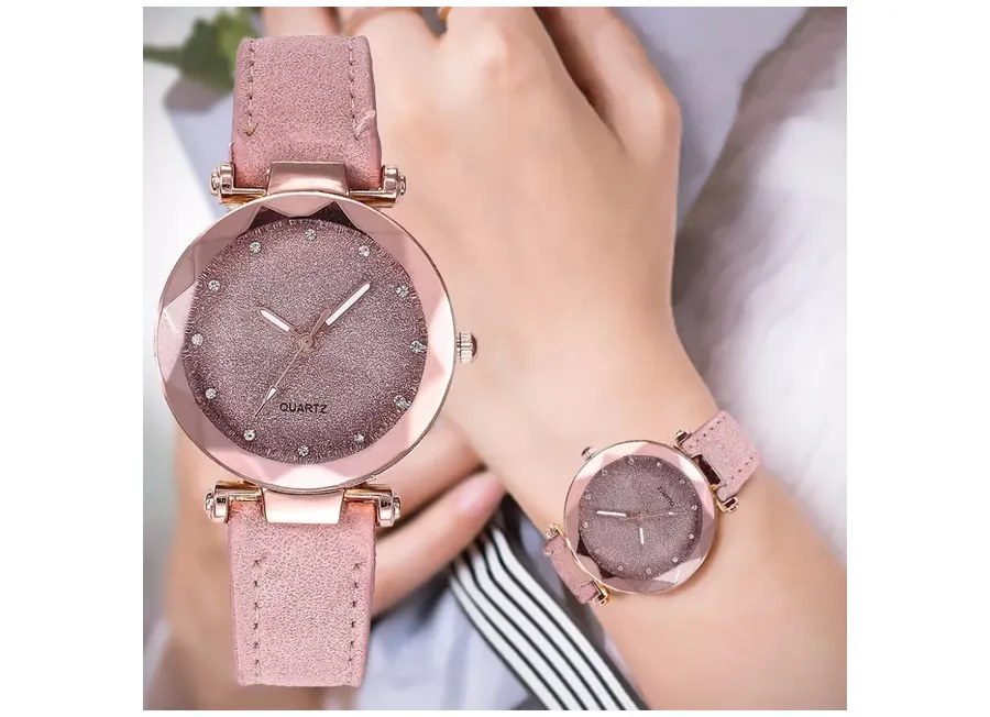 Ladies Pink Quartz Watch Female Casual Fashion Star Sky Rhinestone Ladies Business Watches Wristwatch Xmas Gift Women Relogios