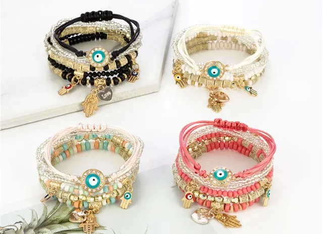 6Pcs/set Bohemian Evil Eye Bracelet Set For Women Fatima Hand Heart Charm Beaded Rope Chain Bangle Female Jewelry Gift