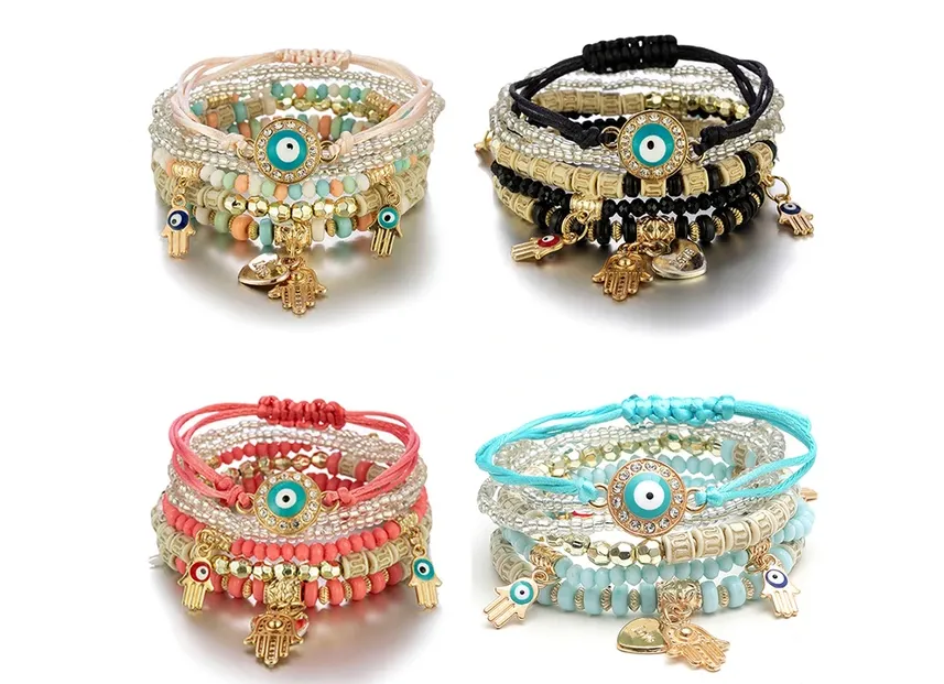 6Pcs/set Bohemian Evil Eye Bracelet Set For Women Fatima Hand Heart Charm Beaded Rope Chain Bangle Female Jewelry Gift