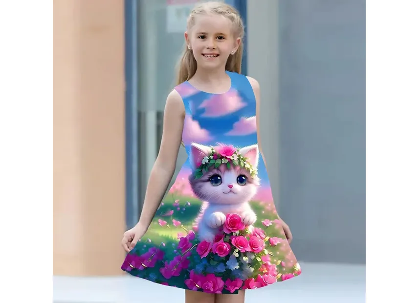 Summer Dress For Girls 2024 Kids Clothes Casual Sleeveless O-neck Cat 3D Print Children Princess Party Dresses 2 To 8 Years Old