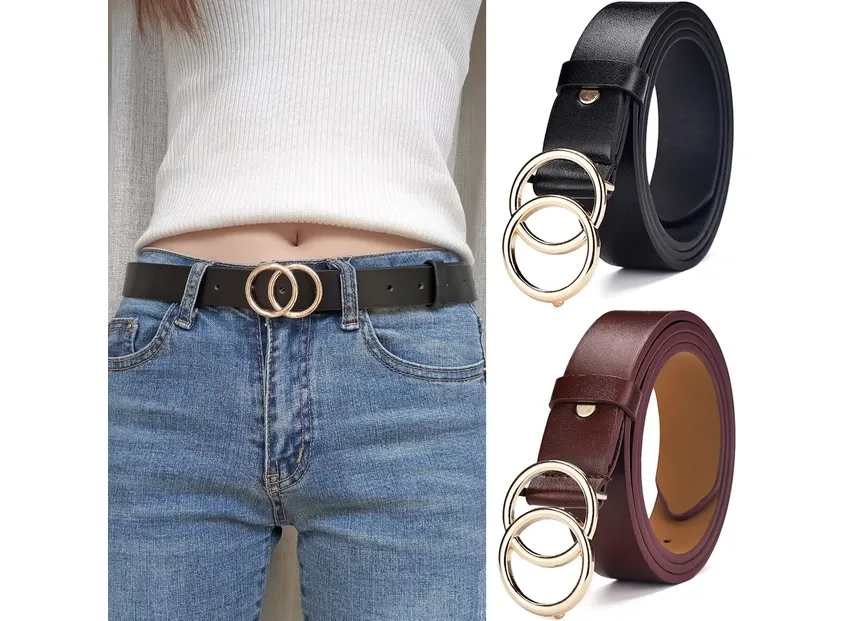 Women's Belt Trend Double Round Buckle Belt Simple And Versatile Youth Belt Pu Leather Belt Paired With Jeans Skirt Women Belt