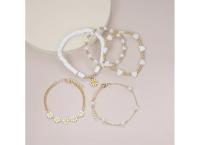 5pcs Daisy Flower Pendant Beaded Chain Pure And White Faux Bracelet Set